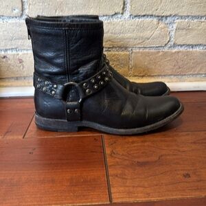 Frye Phillip Harness Black Studded Leather Ankle Boots